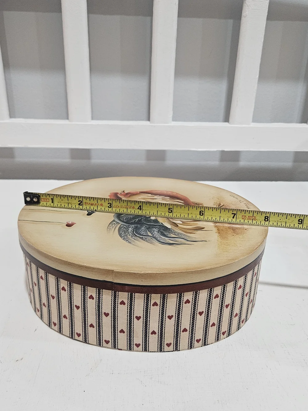 Vintage Handpainted Rooster Cloth Wrapped Storage Box, Signed Mary Deming
